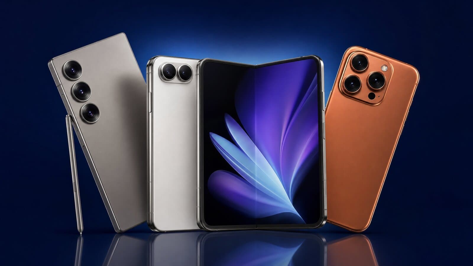 Samsung Galaxy S26 Ultra, iPhone Duo plegable e iPhone 18 Pro Max en abanico (imagen ilustrativa)